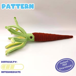 May include: A crocheted squid pattern with green tentacles and a brown body. The word "PATTERN" is in blue text at the top. The difficulty level is "Intermediate". A purple oval says "Instant PDF Download!"