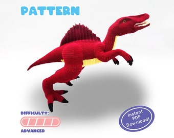 May include: Crochet pattern for a red Spinosaurus dinosaur. The pattern is labeled as advanced difficulty. The image shows the finished crochet dinosaur.