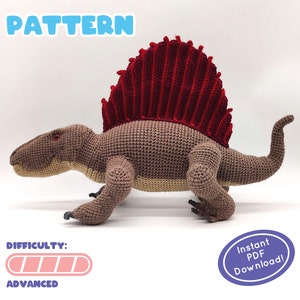 PATROON | Dimetrodon gehaakt pluche | Prehistorische dinosaurushaakwerk | Amigurumi-uitdaging voor gevorderden | Inclusief leuk informatieblad!