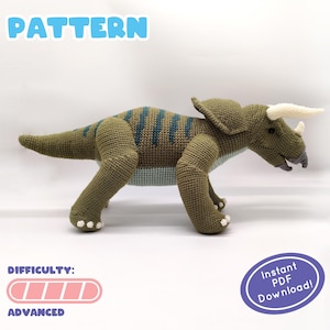 May include: Crochet pattern for a green and blue triceratops dinosaur. The pattern is labeled as "advanced" in difficulty. The image also includes the text "Instant PDF Download!"