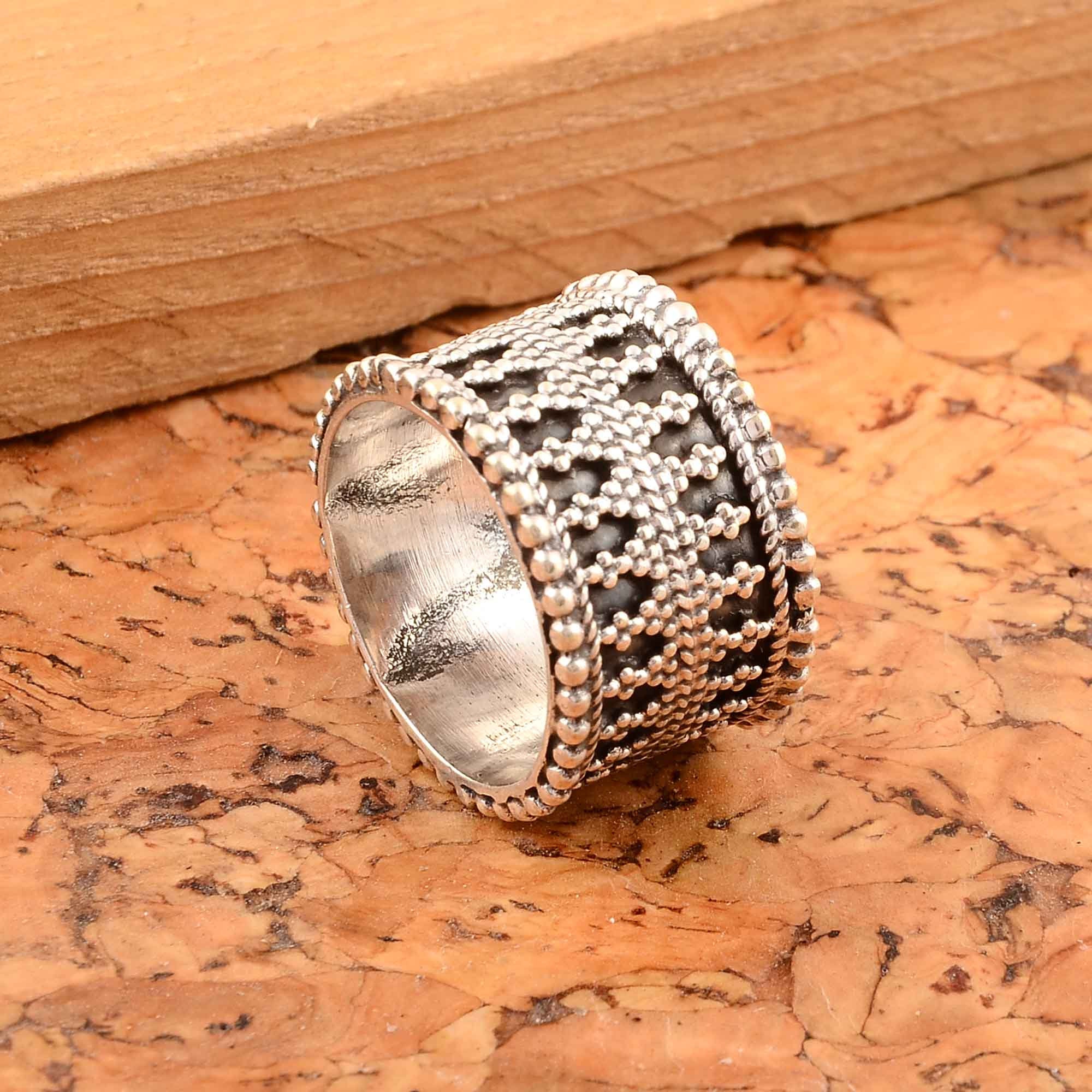 Beaded Silver Wide Band Sterling Silver Boho Statement Ring Etsy