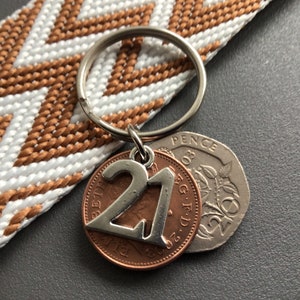 Polished 21st birthday or anniversary coin keyring gift with 21 charm dated 2003 perfect for him of her