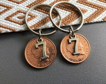 Couples Polished 7th anniversary lucky 1p coin keyrings dated 2017 with charms
