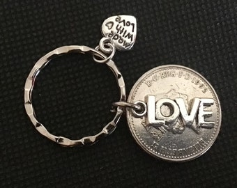 32nd birthday or anniversary polished 10p coin Keyring with charms dated 1992 for him for her