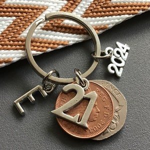 Personalised Polished 21st birthday or anniversary coin keyring gift with 21 charms dated 2003 perfect for him of her
