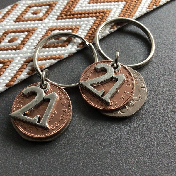 Couples 21ST anniversary gift polished coin keyring gift set with charms dated 2003 brass and nickel anniversary gift