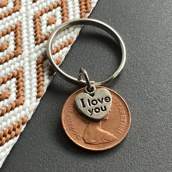 Polished 1984 coin keyring gift with charm for 40th birthday for him or her