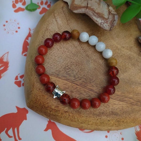 Red Fox Bracelet - *Passion *Fertility *Love *Joy *Courage with Moonstone, Red Jasper, Carnelian, Tree Resin glass and Petrified wood beads