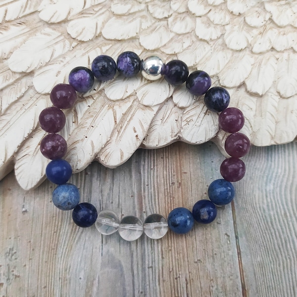 Bipolar Support Bracelet with Lepidolite, Charoite, Sodalite, Dumortierite and Quartz. With EFT Tapping Therapy Script.