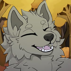 Puede incluir: Ilustración digital de un personaje sonriente con aspecto de lobo y pelaje gris. El personaje tiene los ojos cerrados y una amplia sonrisa, revelando sus dientes. El fondo presenta árboles con colores otoñales.