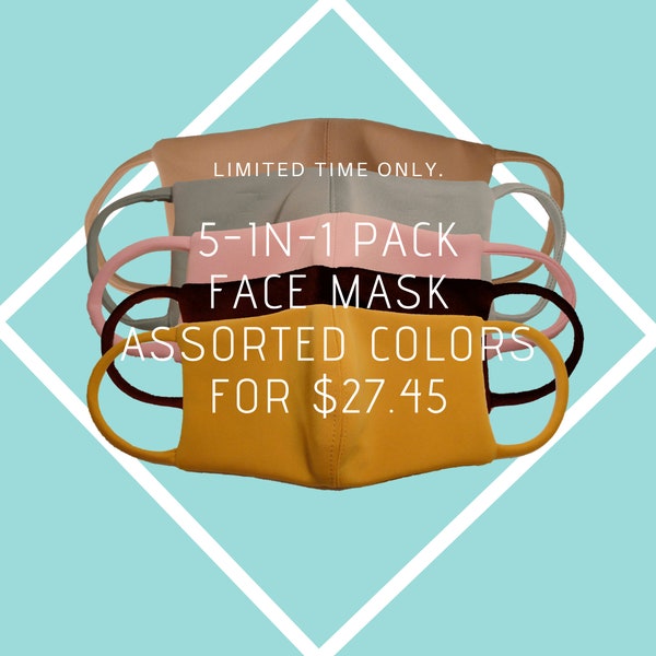 Face mask washable, 5-in-1 pack washable face masks, face mask with filter pocket, neoprene face mask