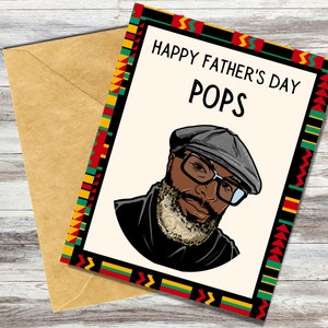 May include: A greeting card with a colorful African-inspired pattern border. The card says "Happy Father's Day Pops" and features a cartoon illustration of a man with a beard and a cap.