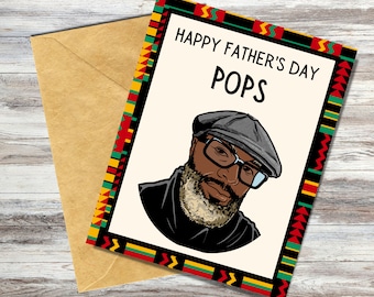 May include: A greeting card with a colorful African-inspired pattern border. The card says "Happy Father's Day Pops" and features a cartoon illustration of a man with a beard and a cap.