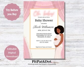 Könnte beinhalten: Eine rosa und goldene Babyparty-Einladung mit einem rosa und weißen Vorhangdesign. Die Einladung lautet "Oh baby!" und enthält den Text "Bitte schließen Sie sich uns zu einer Babyparty zu Ehren von Nicole Williamson am 26. April um 19:00 Uhr im Restaurant Cravings, 1234 Bundle of Joy Ln, Preggers, PA 58631, RSVP an Jody bis zum 14. März, 555-123-45684, Registriert bei Target und Amazon". Die Einladung zeigt auch eine Cartoon-Illustration einer schwangeren Frau mit dunkler Haut und langen schwarzen Haaren.
