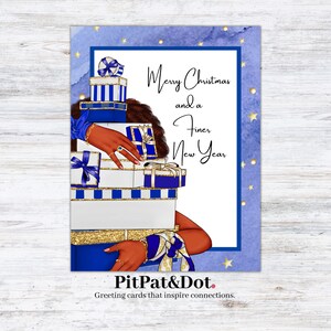 May include: A Christmas greeting card featuring a woman with blue and gold gift boxes stacked on her head. The card has a blue and white background with gold stars and the text "Merry Christmas and a Finer New Year".