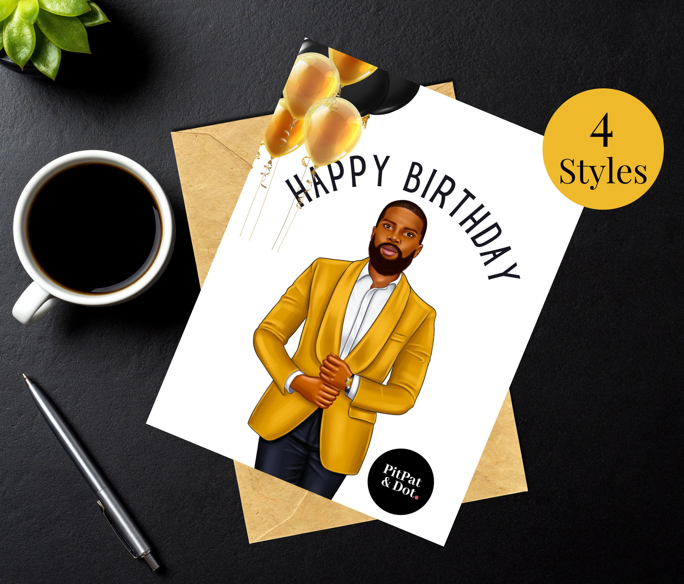 Birthday Card, Black Man, black and gold