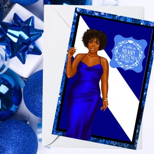 May include: A blue Christmas card with a woman in a blue dress and the text "Merry Christmas".