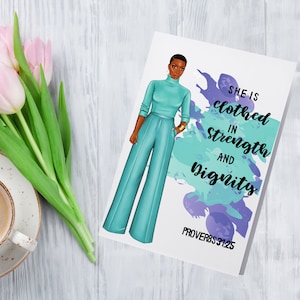 Black greeting card, Bible Verse Greeting Card-Clothed in Strength in Dignity/African American/Christian