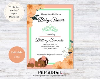 Könnte beinhalten: Babyparty-Einladung mit Pfirsich- und grünen Akzenten. Die Einladung enthält den Text "Please Join Us For A Baby Shower" und "Honoring Brittany Summers". Eine Grafik eines Babymädchens befindet sich unten. Die Einladung ist ein digitaler Download.