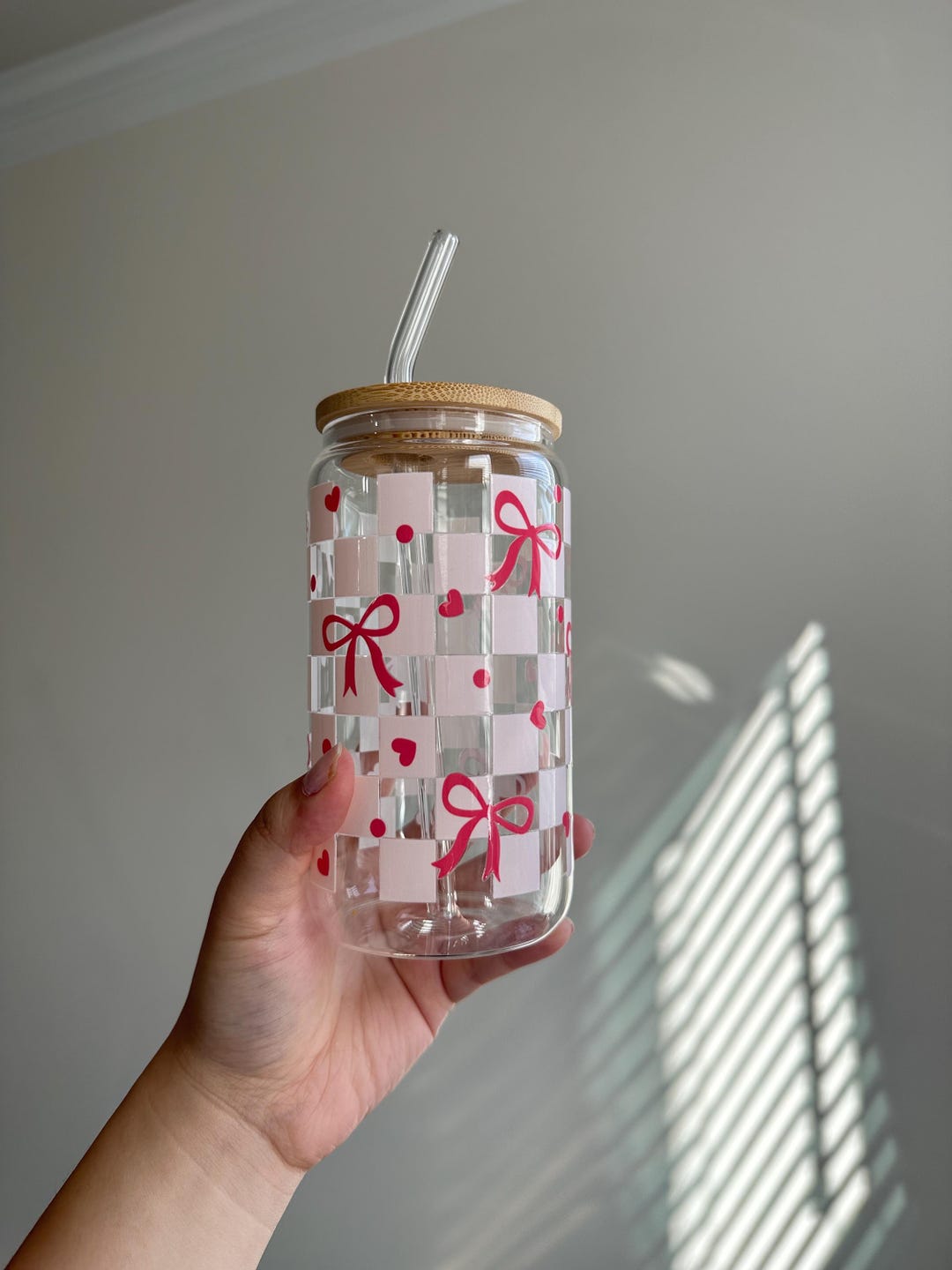 Pink Bow Glass Cups With Bamboo Lid | Cute Coquette Aesthetic Cup ...