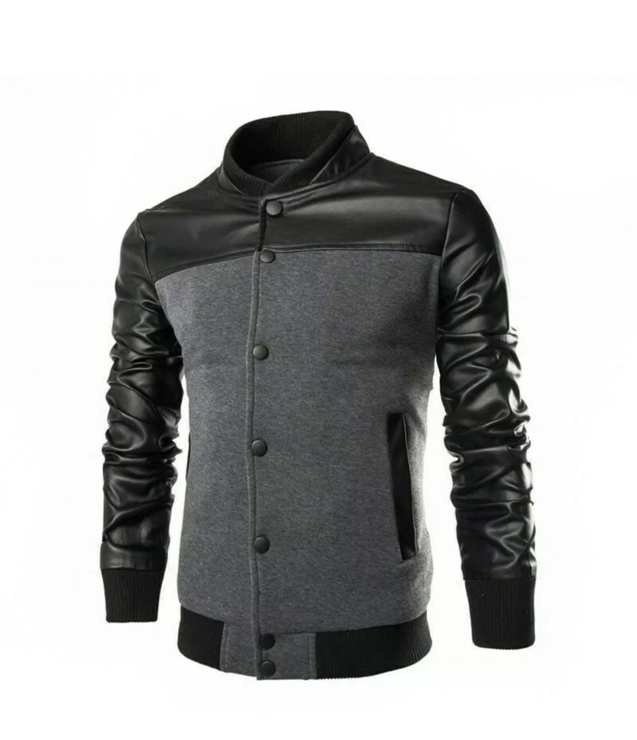 Mens stand collar black fleece leather jacket new design long | Etsy
