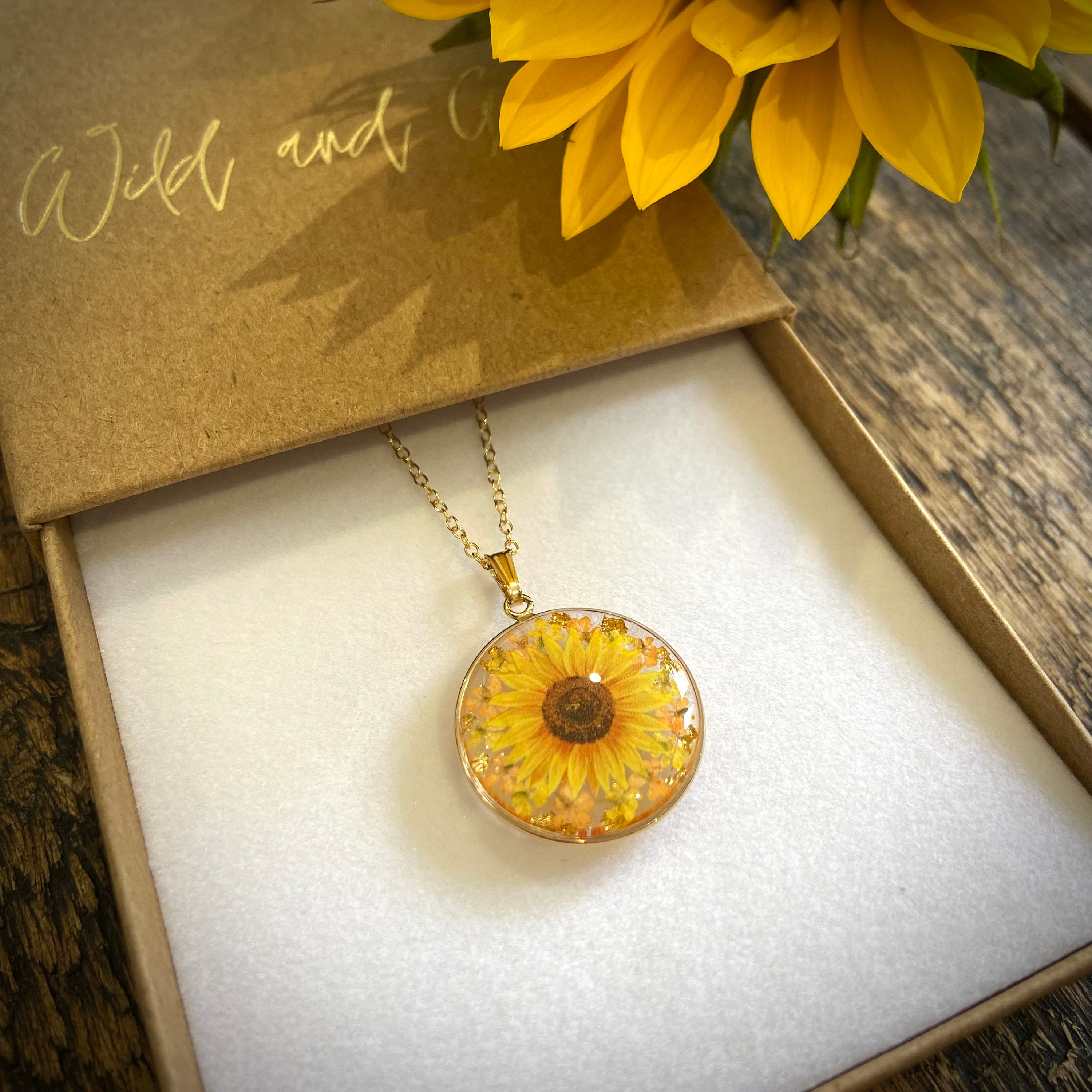 Gold Sunflower Necklace, Gold Sunflower Pendant, Gold Sunflower