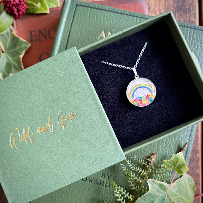 Sterling silver rainbow necklace, rainbow pendant, rainbow jewellery, rainbow gift, pride necklace, pride jewellery, real flower necklace image 3