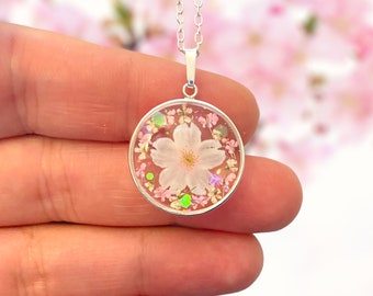 Collana in argento sterling con fiori di ciliegio, ciondolo in argento sterling con fiori di ciliegio, collana Sakura, ciondolo Sakura, gioielli Sakura