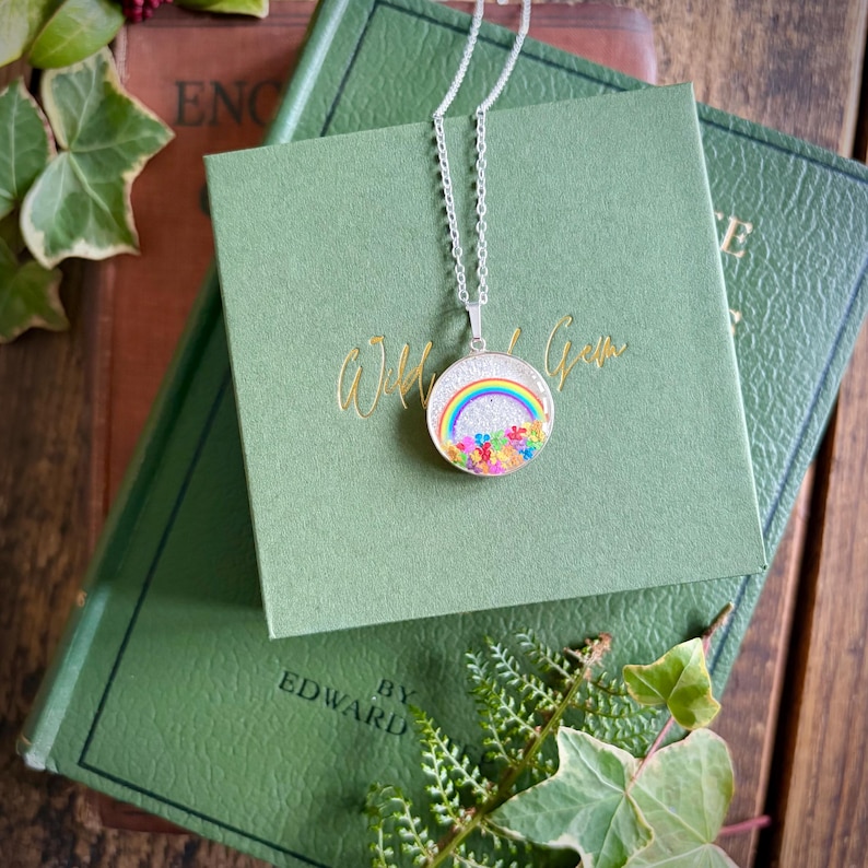 Sterling silver rainbow necklace, rainbow pendant, rainbow jewellery, rainbow gift, pride necklace, pride jewellery, real flower necklace image 10