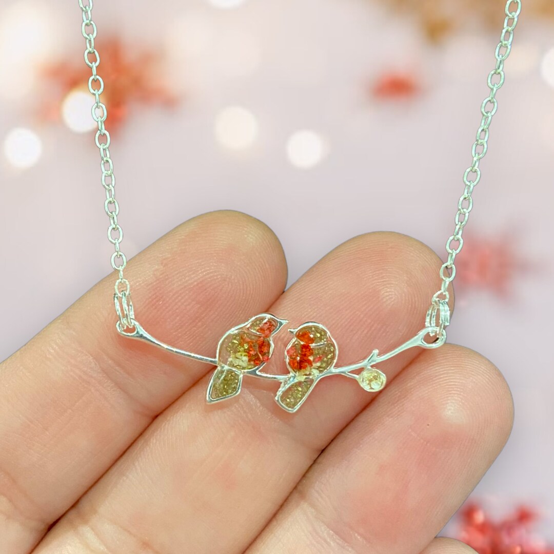 Robin Necklace Sterling Silver, Two Robins on a Branch Sterling Silver