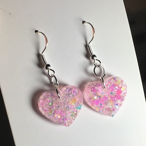 Pastel Pink Sparkly Heart Earrings | Handmade Small Dangly Resin Heart Earrings | Light Pink Sparkle Earrings | Hypoallergenic Jewelry