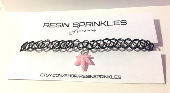Pastel Pink Sparkly Weed Leaf Choker Necklace | 90s Tattoo Choker Necklace w/ Handmade Resin Leaf | Stoner Jewelry | 420 Gifts & Accessories