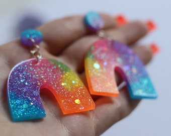 Glittery Neon Rainbow Stud Earrings | Handmade Colorful Resin Jewelry | Fun LGBTQ Accessories Unique Pride Gifts