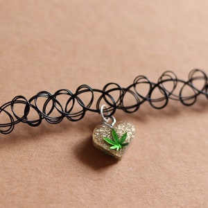 Gold Sparkly Cannabis Heart Tattoo Choker Necklace | Handmade Weed Leaf Jewelry | Marijuana Accessories | 420 Stoner Gift