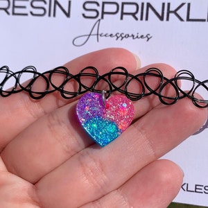 Bisexual Pride Heart Tattoo Choker Necklace | Bi Pride Tattoo Choker Necklace w/ Handmade Resin LGBT Flag Heart | Sparkly LGBTQ+ Accessories