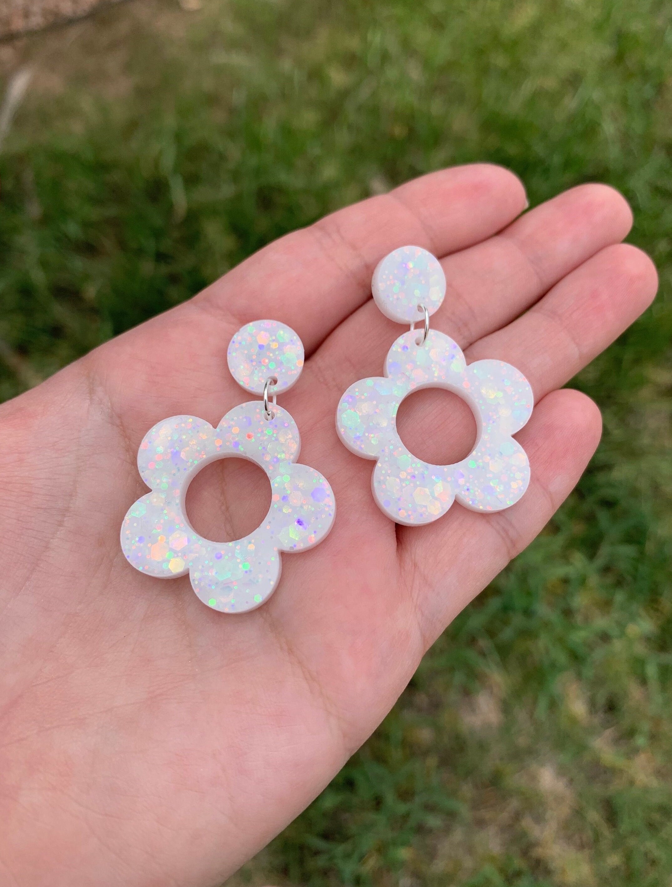 Holographic White Dangle Drop Daisy Stud Earrings | Handmade