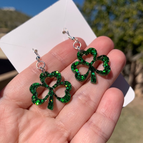 Sparkly Green Shamrock Earrings | Handmade St. Patrick’s Day Earrings | Fun Irish Clover Jewelry