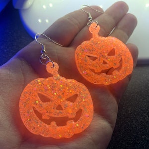 Neon Orange Jack-O-Lantern Pumpkin Earrings | Handmade Dangle Resin Halloween Earrings | Spooky UV Jewelry | Unique Fall Accessories & Gifts