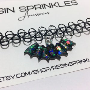 Black Holographic Bat Tattoo Choker Necklace | Handmade 90s Jewelry | Spooky Goth & Emo Accessories