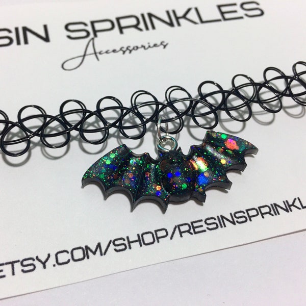 Black Holographic Glitter Bat Tattoo Choker Necklace | Handmade Sparkly Gothic Necklace | Spooky Emo Accessories | 90s Retro Gifts