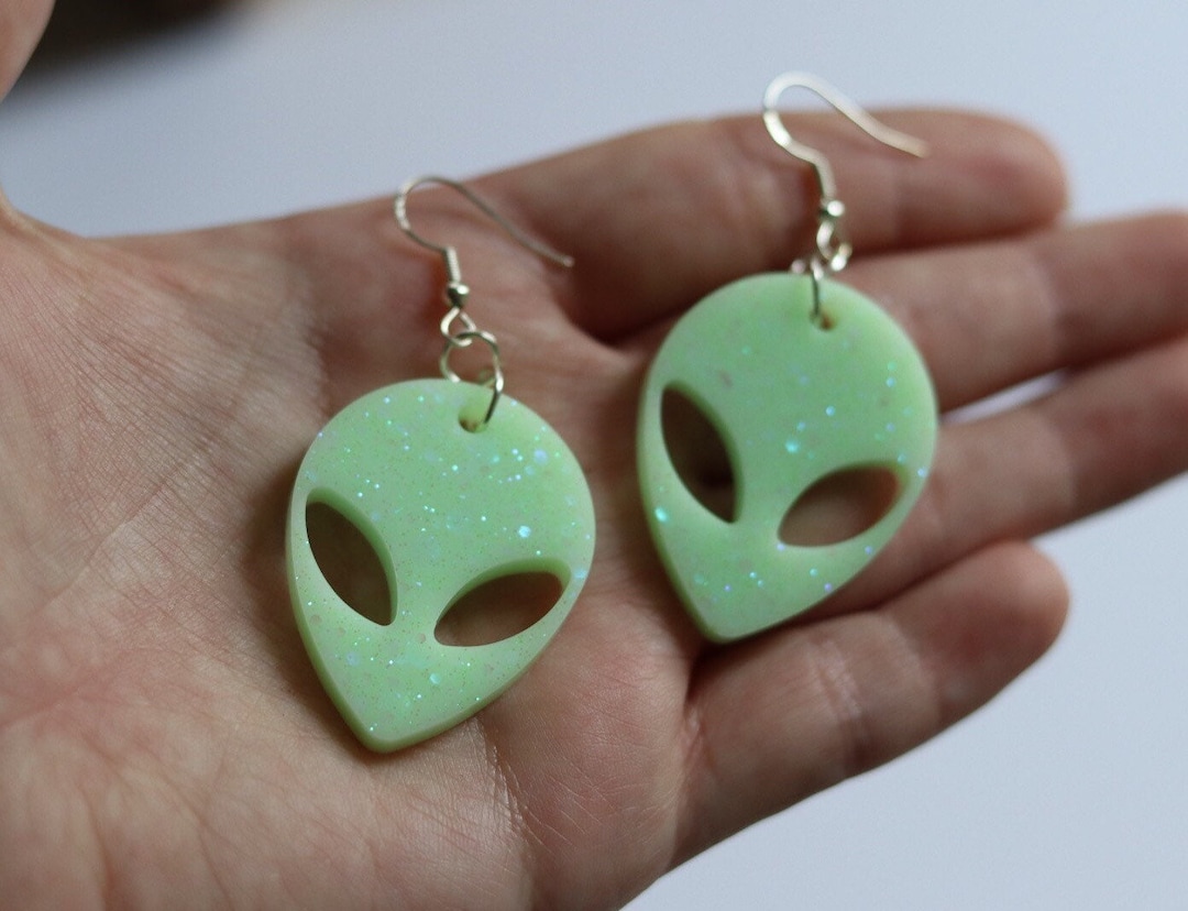 Green Glow Alien Head Earrings Handmade Sparkly Resin Dangle Etsy