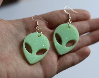Green Glow Alien Head Earrings | Handmade Sparkly Resin Dangle Drop Earrings | Glow in the Dark Alien Jewelry | Aliencore Accessories