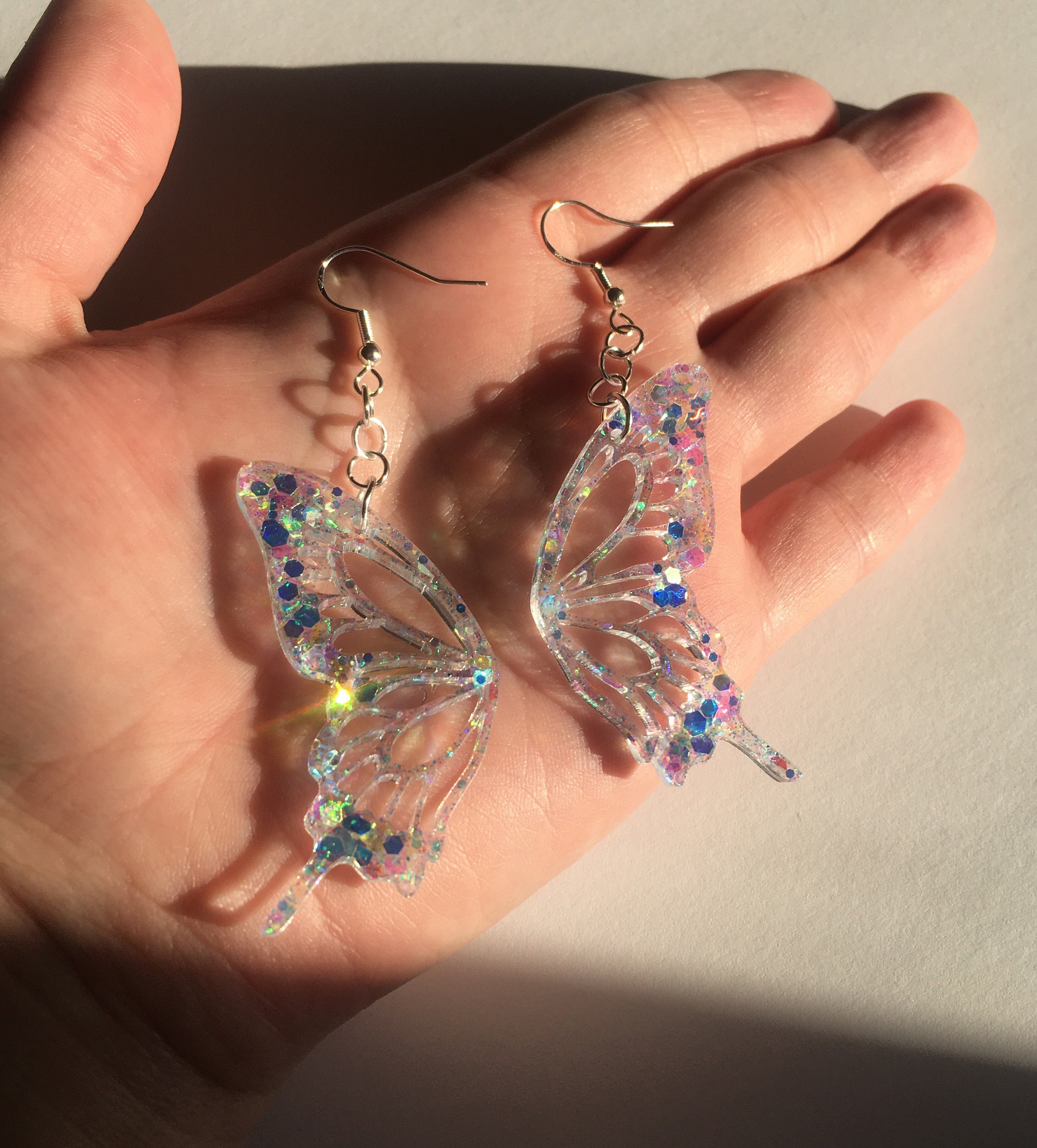 Glittery Blue Butterfly Wing Earrings Handmade Dangle Drop Resin