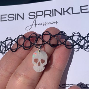 White Holographic Skull Tattoo Choker Necklace | Handmade Gothic Jewelry | Retro 90s Accessories | Emo Gift