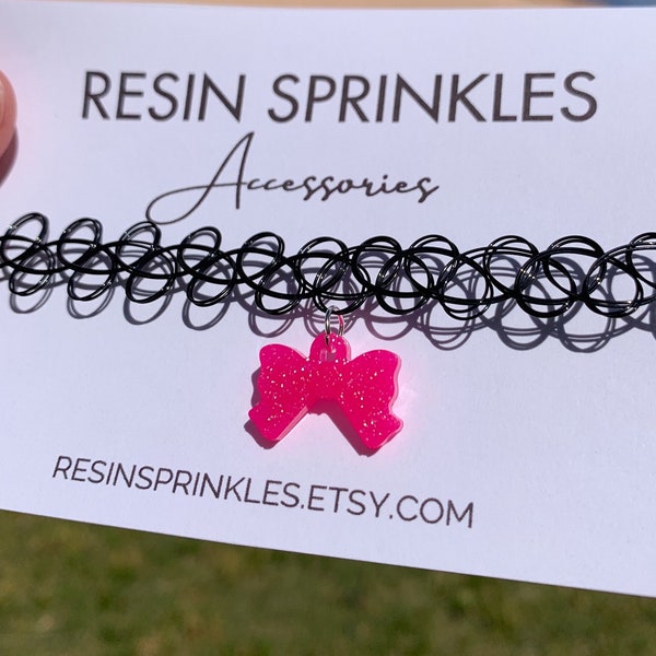 Neon Pink Sparkly Bow Tie Tattoo Choker Necklace | Retro 90s Charm Choker | Handmade Resin Accessories | Jewelry for Girls