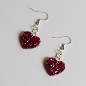 Pink Sparkly Heart Earrings | Handmade Dainty Hot Pink Resin Heart Earrings | Cute Dangle Drop Earrings | Hypoallergenic Jewelry