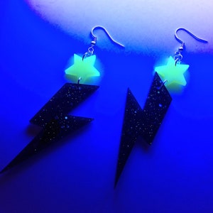 Black Lightning Bolt Earrings w/ Yellow Glow Star | Handmade Big Sparkly Statement Earrings | Unique Grunge Jewelry | UV Blacklight Gifts