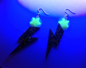 Black Lightning Bolt Earrings w/ Yellow Glow Star | Handmade Big Sparkly Statement Earrings | Unique Grunge Jewelry | UV Blacklight Gifts