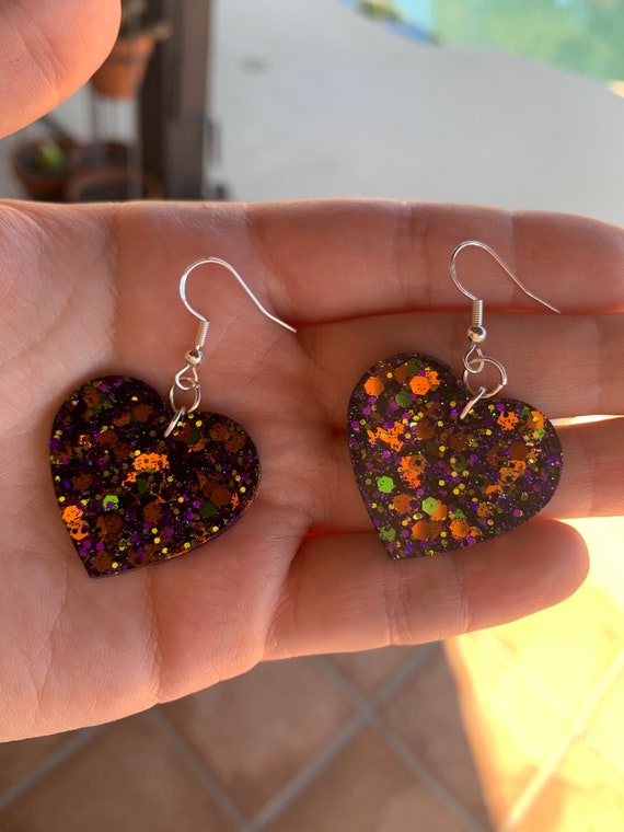 Sparkly Halloween Heart Earrings Handmade Resin Earrings W