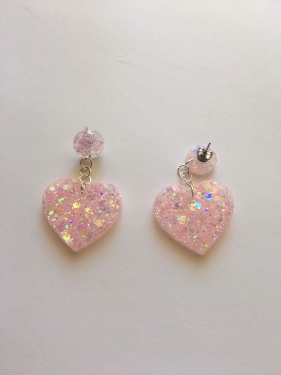 Pastel Pink Sparkly Heart Stud Earrings | Handmade Dangle